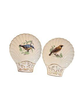 Vintage French Porcelain Shell Dishes Le Faune Bird Motif Pink Gold Trim Set of
